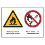 Hinweisschild "Warnung vor feuergefährlichen Stoffen / Feuer, offenes Licht, Rauchen verboten" nach DIN EN ISO 7010 Aufkleber Folie 210 x 148 mm